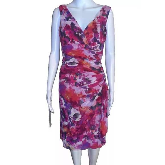Lauren Ralph Lauren Floral 100% Silk Sleeveless V-Neck Ruched Dress Size 8 - Picture 1 of 8